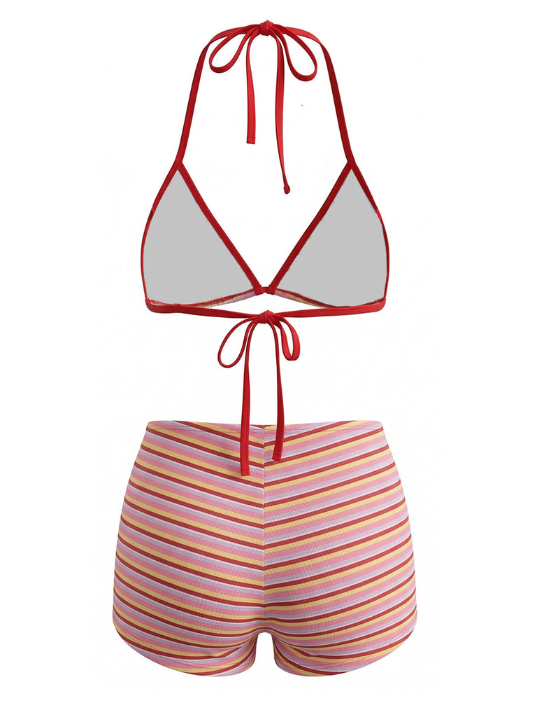 Verrotten 1940er Streifen Halfter Gerippt Dreieck Bikini-Set