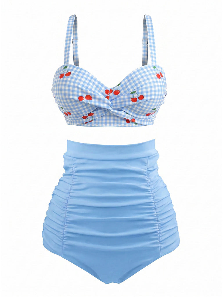Himmelblaues 40er Vintage Bikini-Set mit Kirschen und Karo