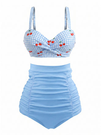 Himmelblaues 40er Vintage Bikini-Set mit Kirschen und Karo