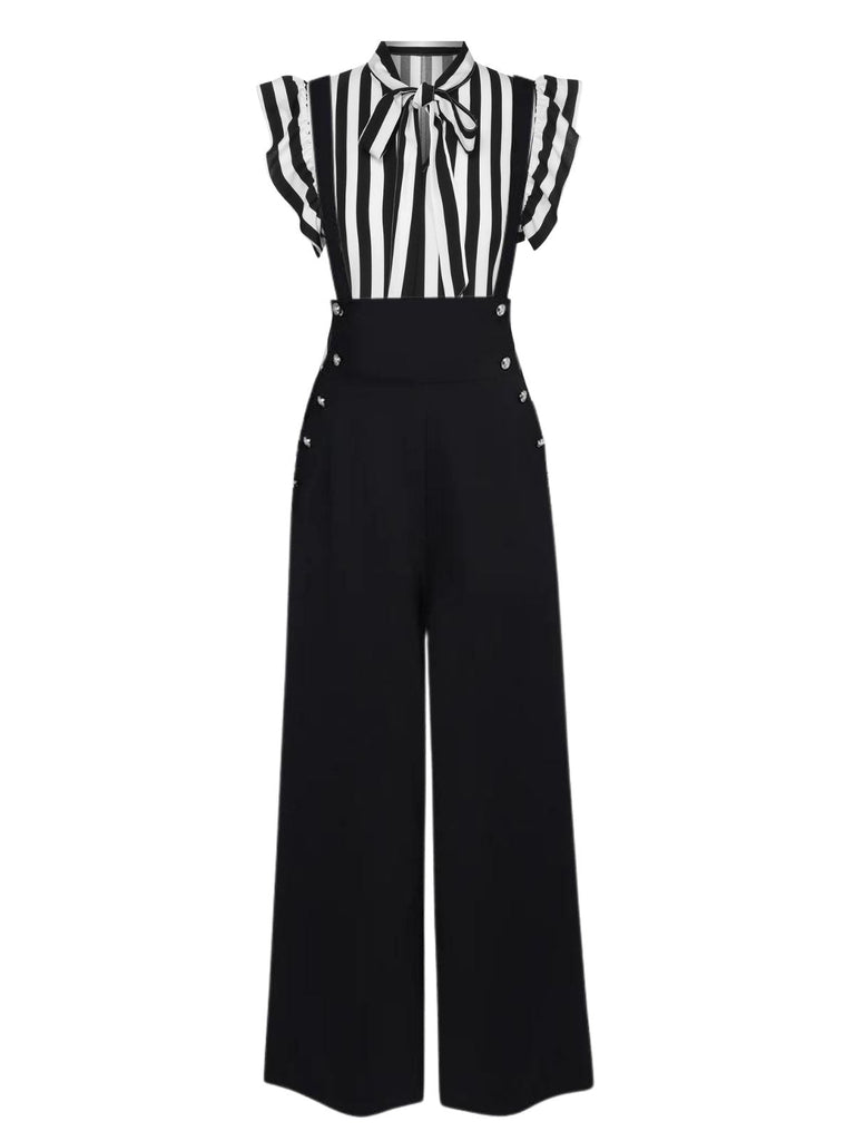 2PCS Schwarz 1930er Streifen Krawattenkragen Rüschenärmel Bluse & Hose