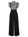 2PCS Schwarz 1930er Streifen Krawattenkragen Rüschenärmel Bluse & Hose