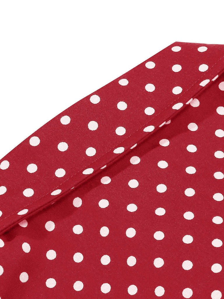 Rote, gepunktete Kurzarmbluse mit Gürtel im Stil der 1950er-Jahre – Vintage-Mode, Retro-Stil, elegantes Rot