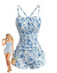 Blauer 50er Tankini & Shorts mit Plissee und hoher Taille