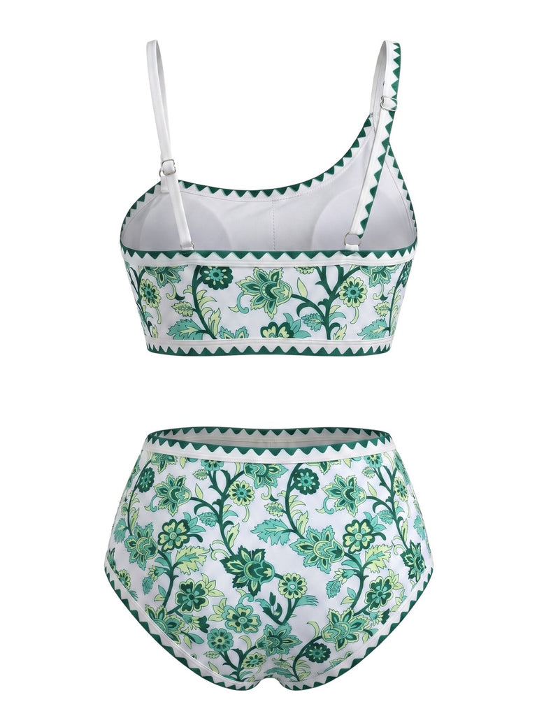 50er Bikini-Set & Shorts mit One-Shoulder und Blumen