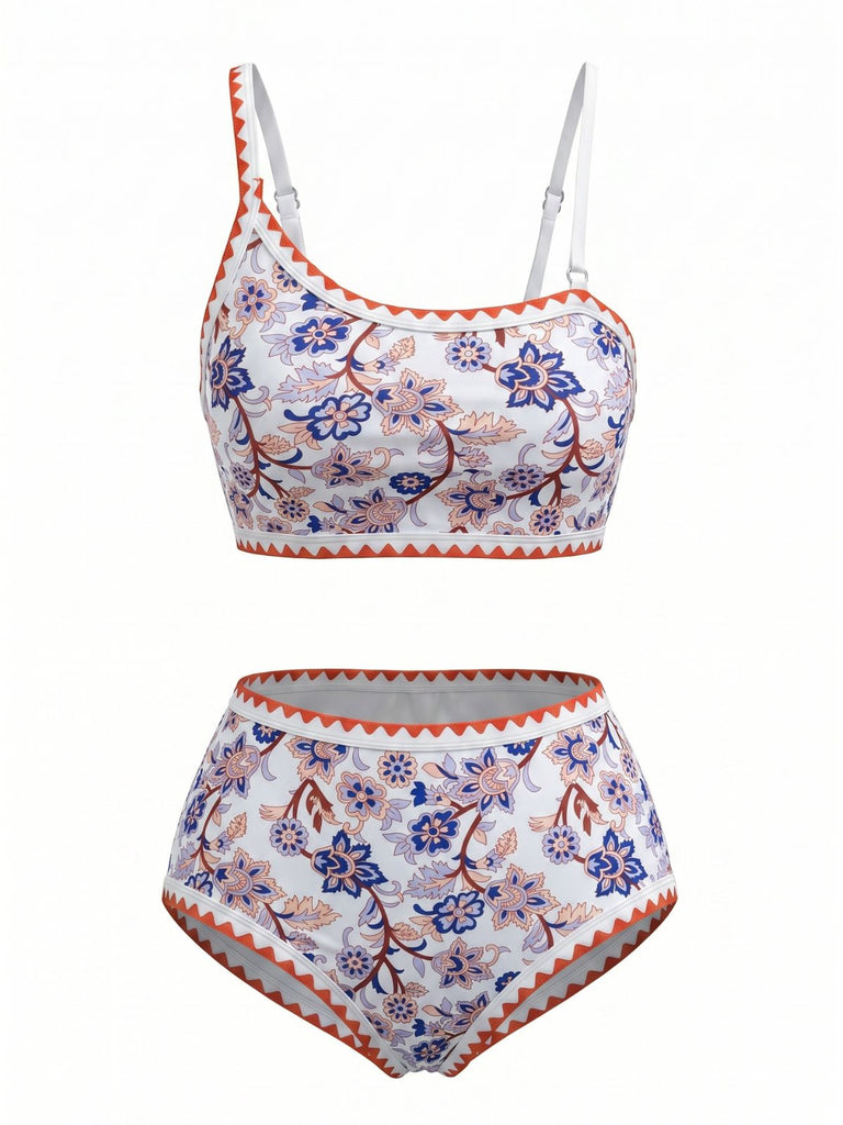 50er Bikini-Set & Shorts mit One-Shoulder und Blumen