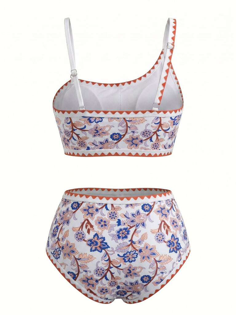 50er Bikini-Set & Shorts mit One-Shoulder und Blumen