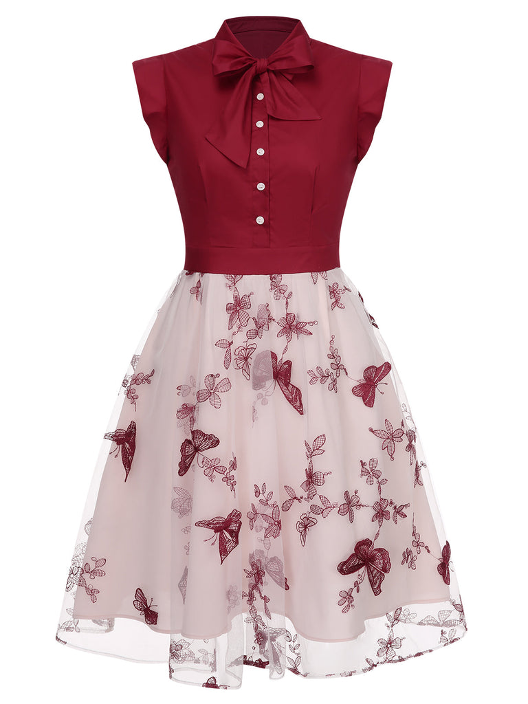50er Tüllkleid mit Blumenstickerei und Schleifenkragen