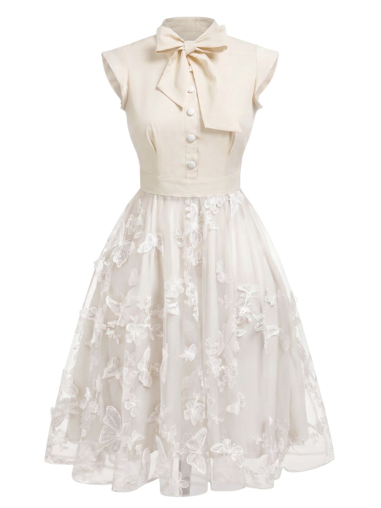 Weißes 50er Vintage Kleid mit Patchwork und Schmetterling