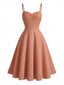 Feuerziegelrotes 50er Baumwoll-Swingkleid mit Spaghettiträger und Jacquard