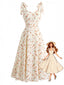50er Kleid mit Herzausschnitt, Ditsy-Blumen und Bindegürtel in Beige