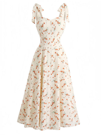 Beige 1950er Ditsy Blumen Binden Gurt Herzausschnitt Kleid