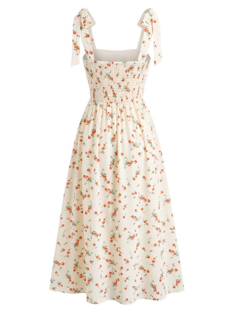 Beige 1950er Ditsy Blumen Binden Gurt Herzausschnitt Kleid