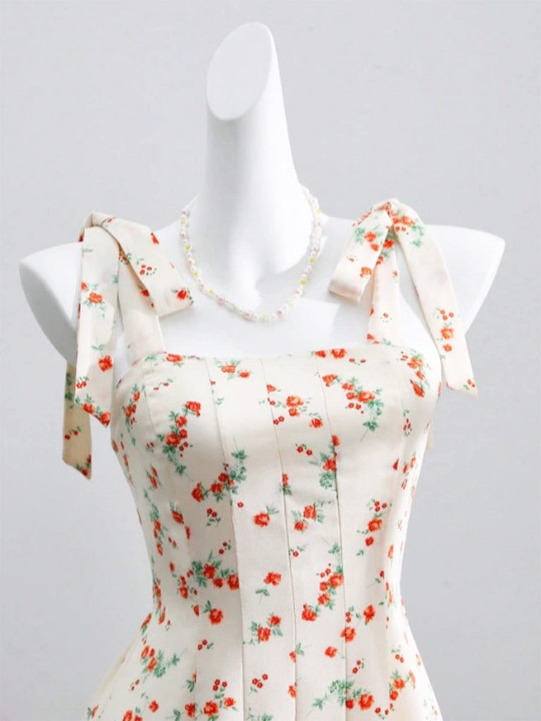 Beige 1950er Ditsy Blumen Binden Gurt Herzausschnitt Kleid
