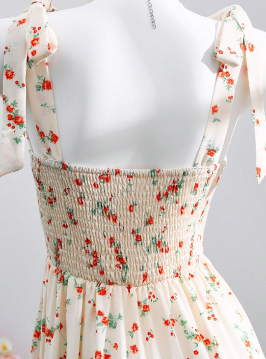 Beige 1950er Ditsy Blumen Binden Gurt Herzausschnitt Kleid
