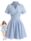 Blau 1950er Längs Streifen Johnny Kragen Überkreuzt Kleid