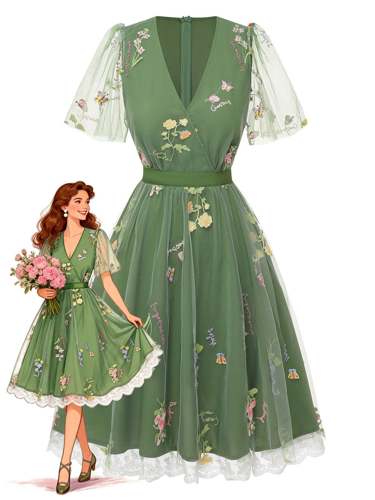 Gelbes 50er Netz-Besticktes Kleid mit Puffärmel und Blumen