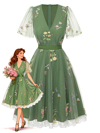 Gelbes 50er Netz-Besticktes Kleid mit Puffärmel und Blumen