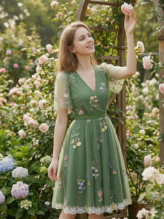 Gelbes 50er Netz-Besticktes Kleid mit Puffärmel und Blumen