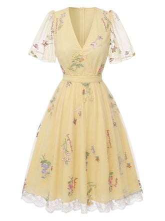 Gelbes 50er Netz-Besticktes Kleid mit Puffärmel und Blumen