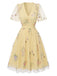Gelbes 50er Netz-Besticktes Kleid mit Puffärmel und Blumen