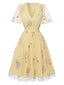 [Vorverkauf] Gelbes 50er Netzkleid mit Puffärmeln und Blumenstickerei