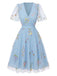 Blaues 50er Netz-Besticktes Kleid mit Puffärmel und Blumen