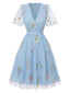 [Vorverkauf] Blaues 50er Meshkleid mit Blumenstickerei und Puffärmeln