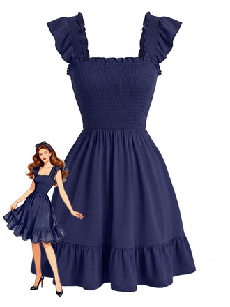 50er Smockkleid mit Eckiger Ausschnitt und Rüschen