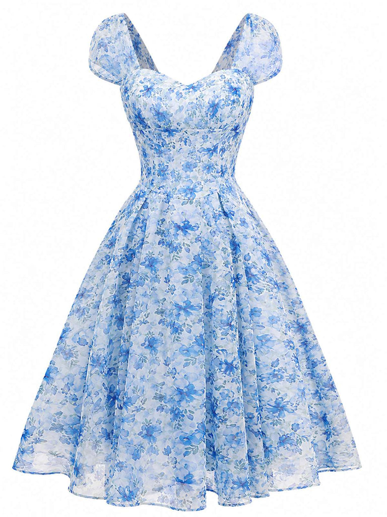 Blaues 50er Swingkleid mit Herzausschnitt und Puffärmel