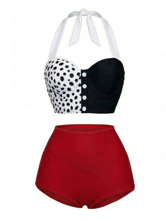 [Vorverkauf] 50er Badeanzug mit Neckholder, Schnürung und Cruella-Motiv in Rot