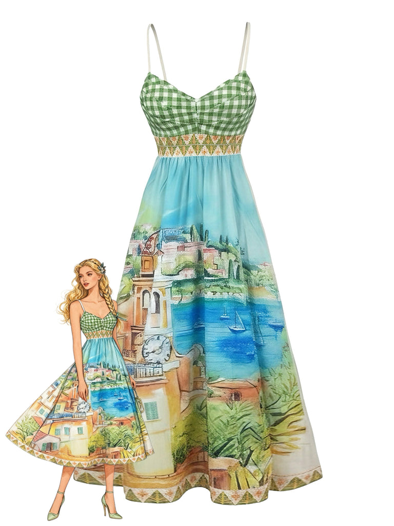 Grünes 50er Maxikleid mit Spaghettiträger und Karo