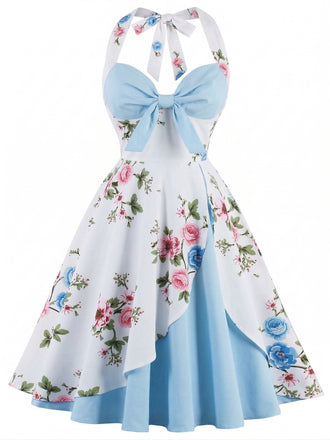 Himmelblaues 50er Swingkleid mit Neckholder und Blumen