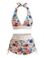 Weißes 50er Neckholder-Bikini-Set mit Wildblumen und hoher Taille