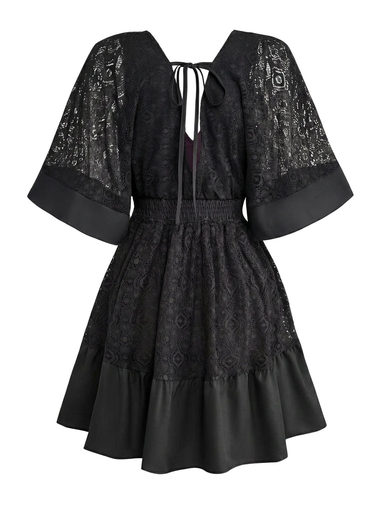 70er Kleid mit V-Ausschnitt und Patchwork