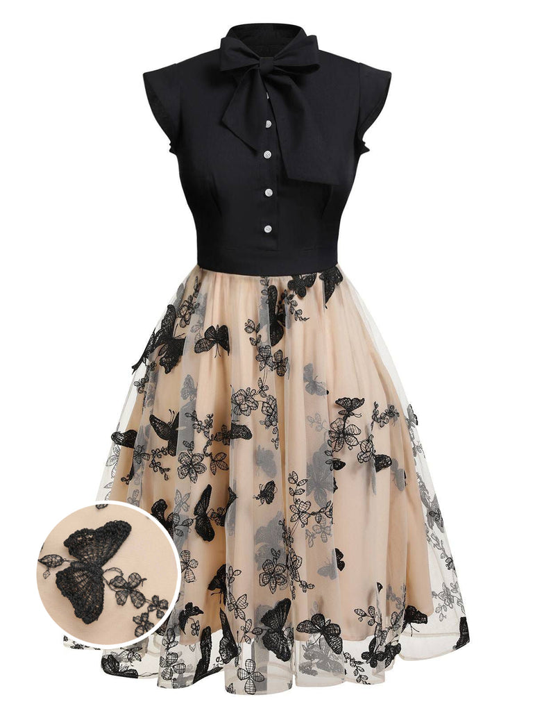 50er Tüllkleid mit Blumenstickerei und Schleifenkragen