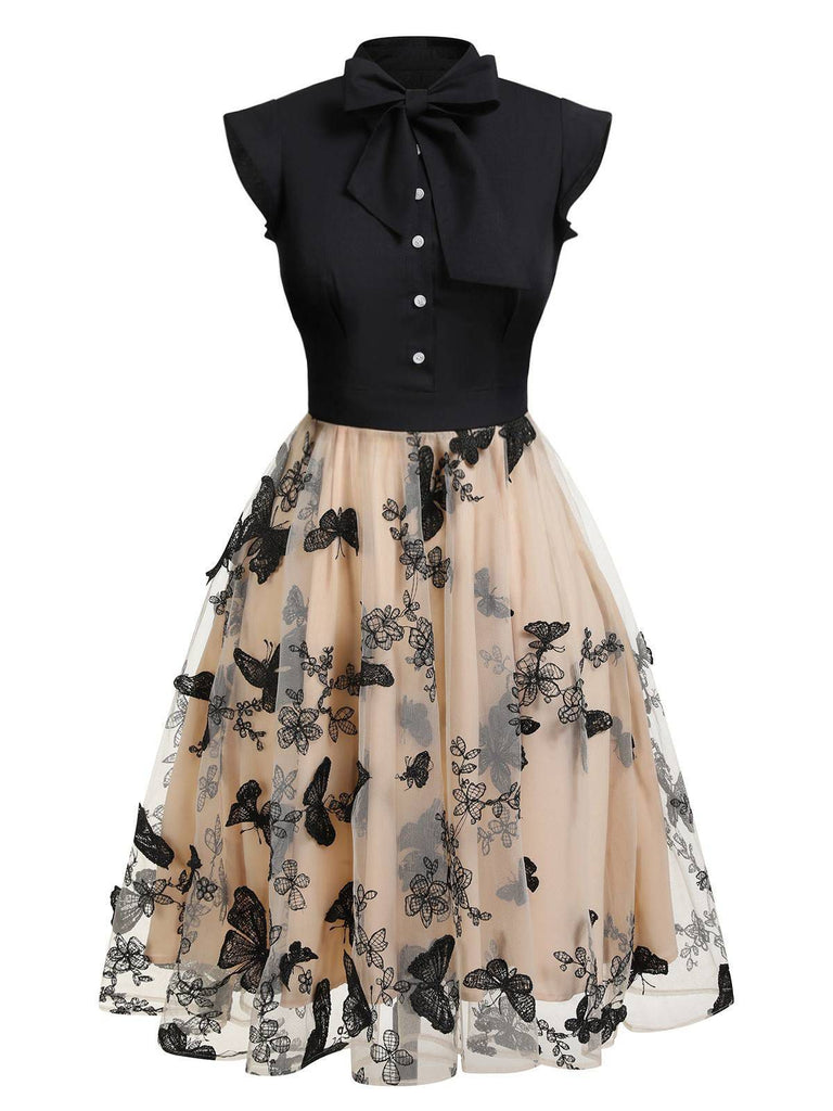50er Tüllkleid mit Blumenstickerei und Schleifenkragen