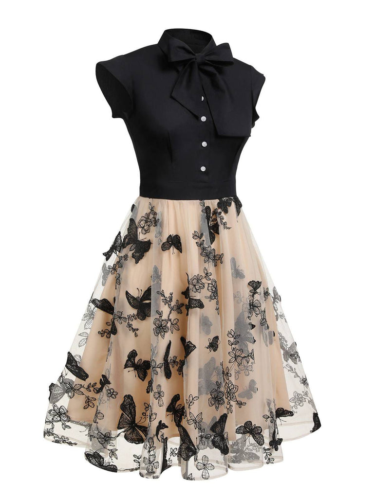 50er Tüllkleid mit Blumenstickerei und Schleifenkragen