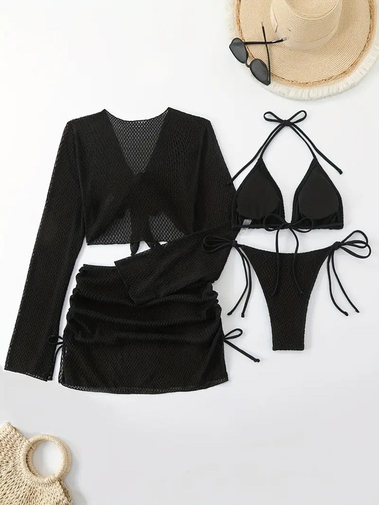 50er Bikini-Set & Shorts & Cover-Up mit Neckholder und Häkelarbeit