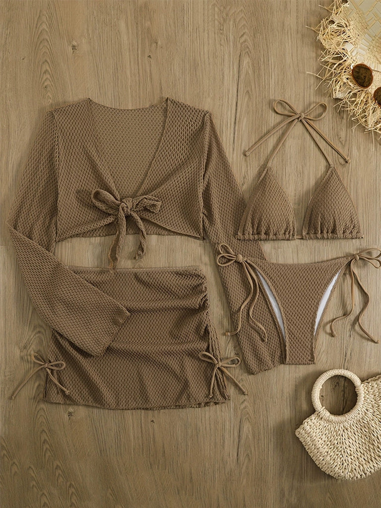 50er Bikini-Set & Shorts & Cover-Up mit Neckholder und Häkelarbeit