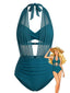 Blaues 50er Mesh-Bikini-Set mit Neckholder und Raffung