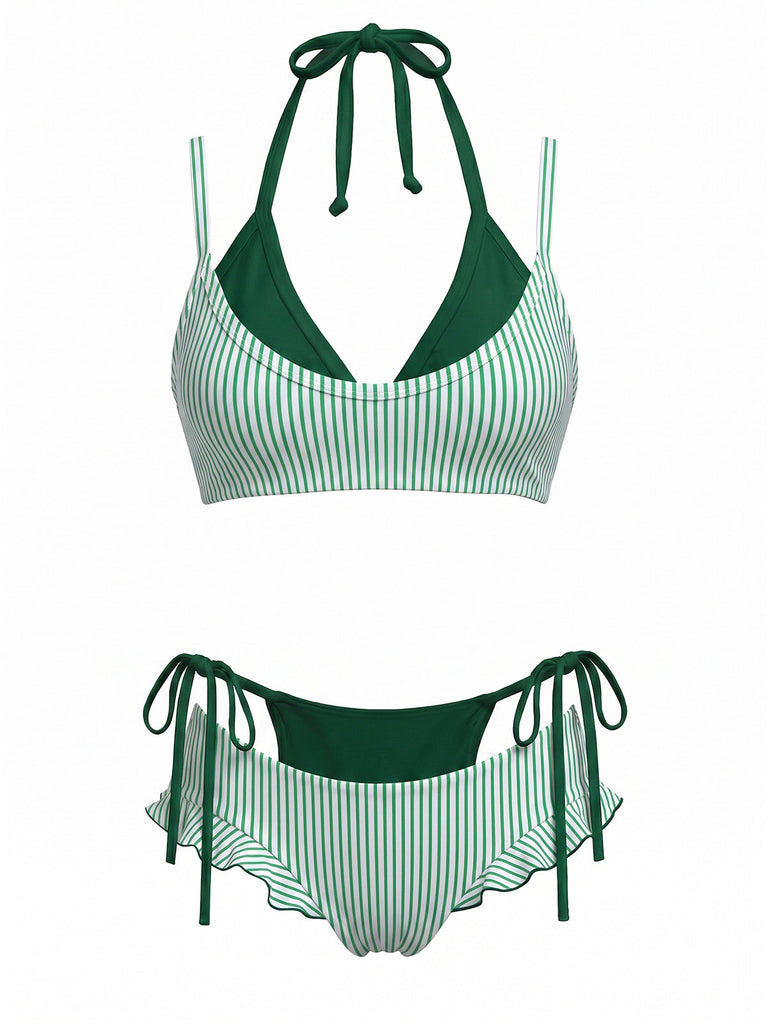 Grünes 50er Bikini-Set mit Neckholder und Schleife