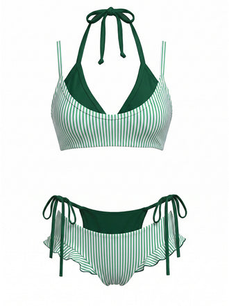 Grünes 50er Bikini-Set mit Neckholder und Schleife