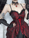 Bordeauxrotes 50er Gothic Jacquard-Kleid mit Rosen und Schnürung