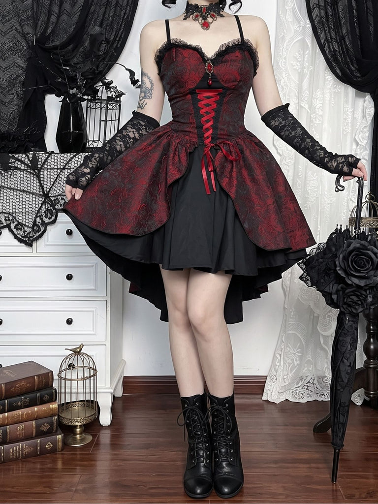 Bordeauxrotes 50er Gothic Jacquard-Kleid mit Rosen und Schnürung