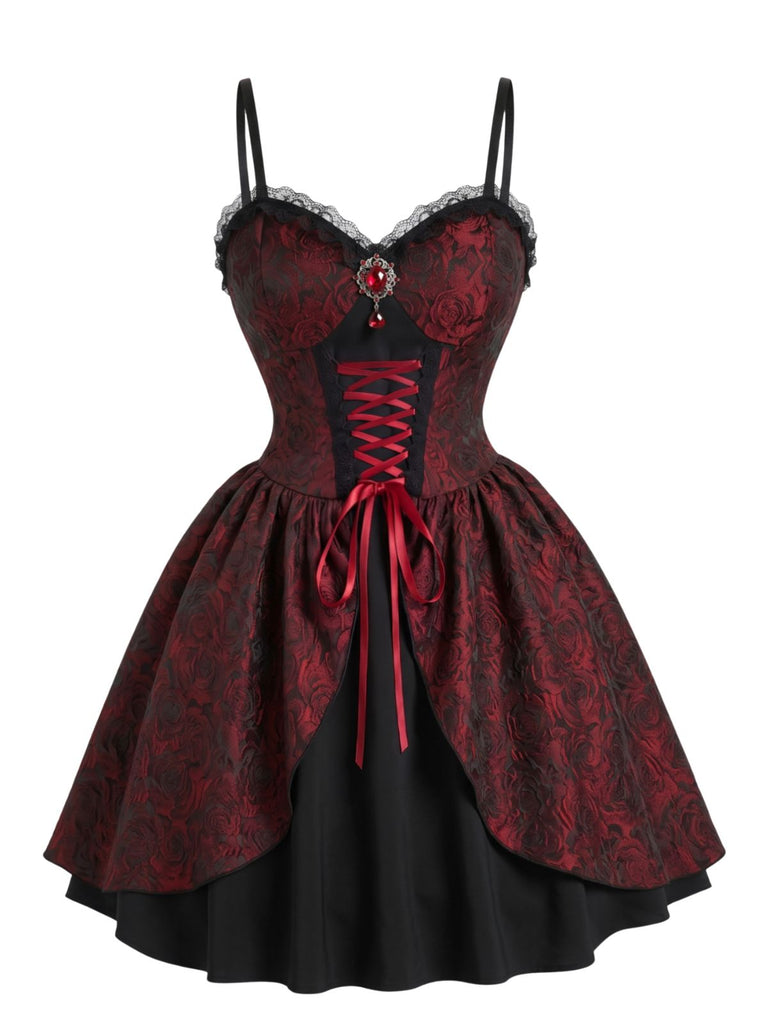 Bordeauxrotes 50er Gothic Jacquard-Kleid mit Rosen und Schnürung