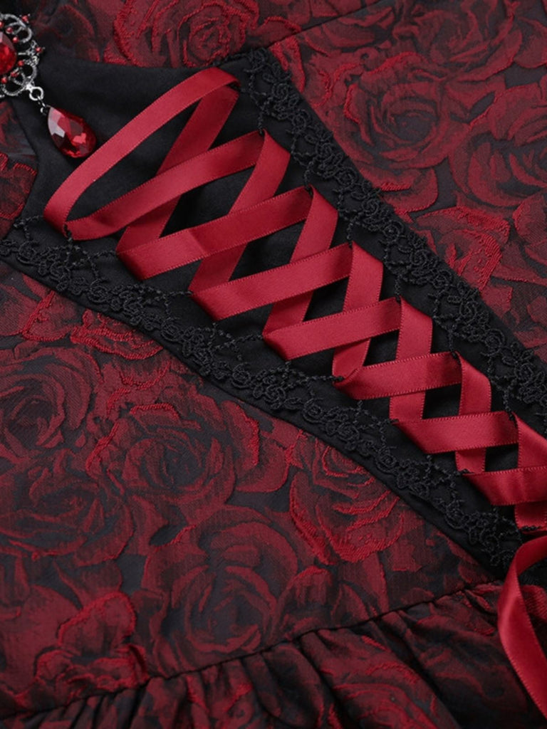 Bordeauxrotes 50er Gothic Jacquard-Kleid mit Rosen und Schnürung