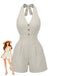 Beige 1950er Halfter Streifen Gerafft Taille Romper