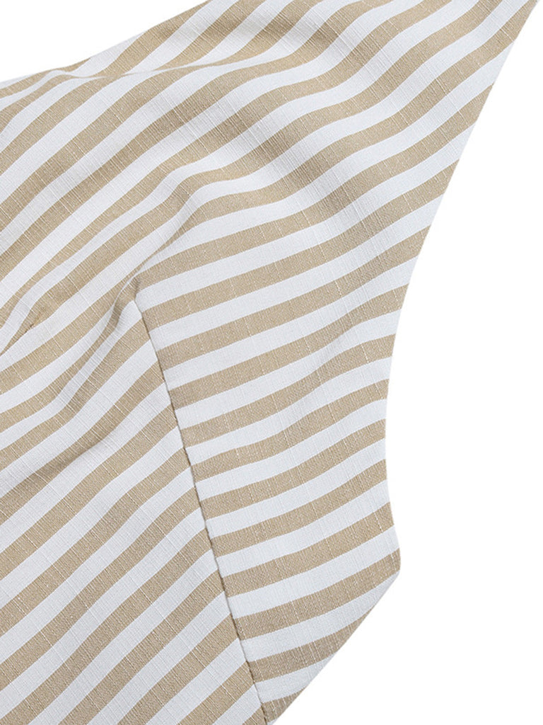 Beige 1950er Halfter Streifen Gerafft Taille Romper