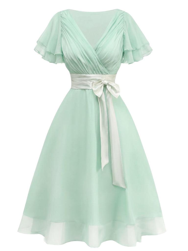 Grünes 50er Satin-Kleid mit Tüll und Bindeband