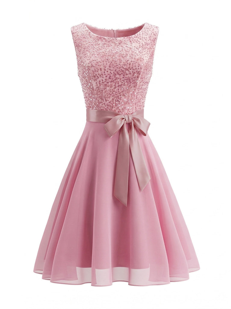50er Ärmelloses Kleid mit Pailletten und Gürtel